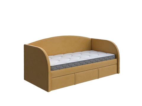 Желтая кровать Hippo-Софа c выкатным ящиком - Удобная детская кровать с бельевым ящиком в мягкой обивке
