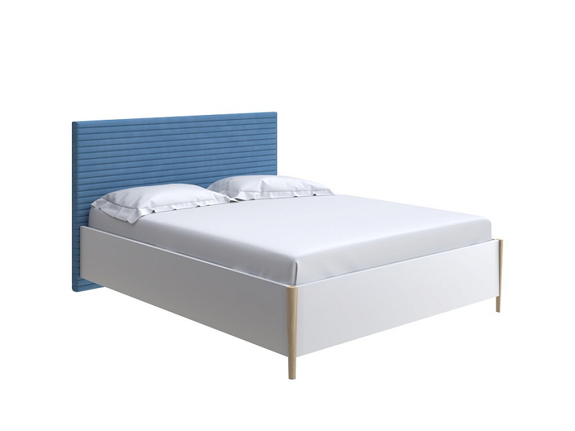 Кровать Rona 160x200  Белый/Тетра Голубой (рогожка) - Классическая кровать с геометрической стежкой изголовья